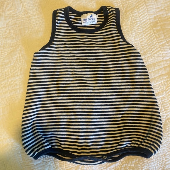 NWOT Just Ducky Navy/White Striped Unisex Onesie Size: 12M - Picture 1 of 5